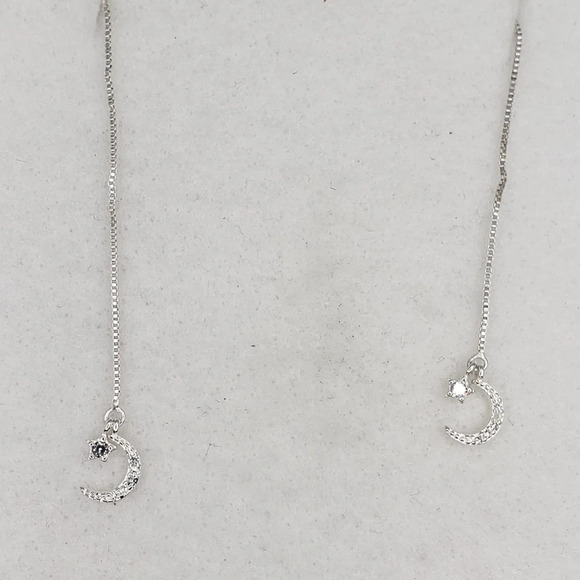 Sterling Silver 925 Earrings Moon and Star Dangle Drop Threaded Tassel Earrings - Picture 5 of 6